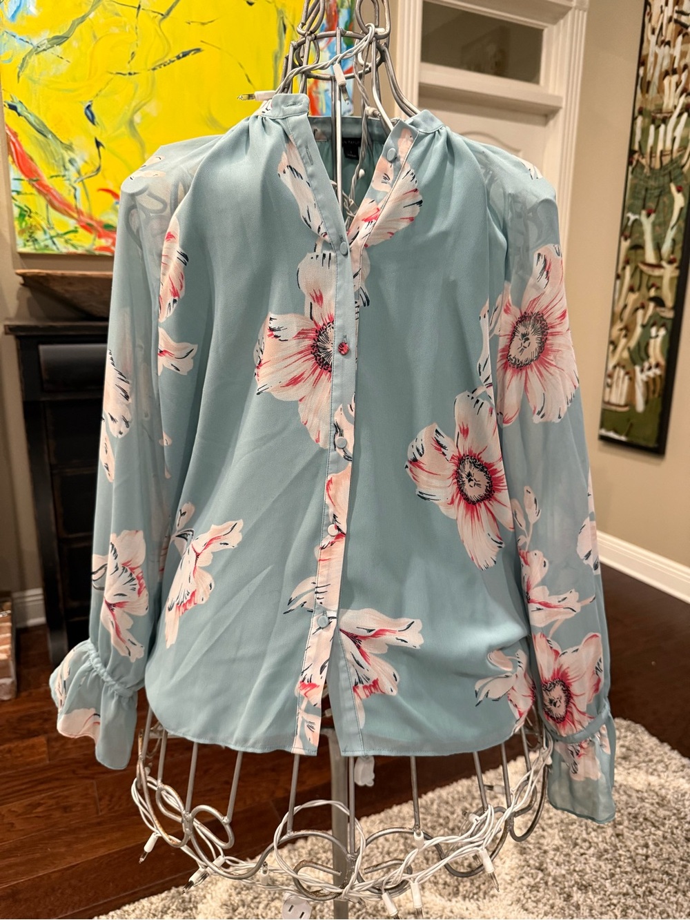 Ann Taylor Powder Blue Floral Button-Front Blouse, size Large